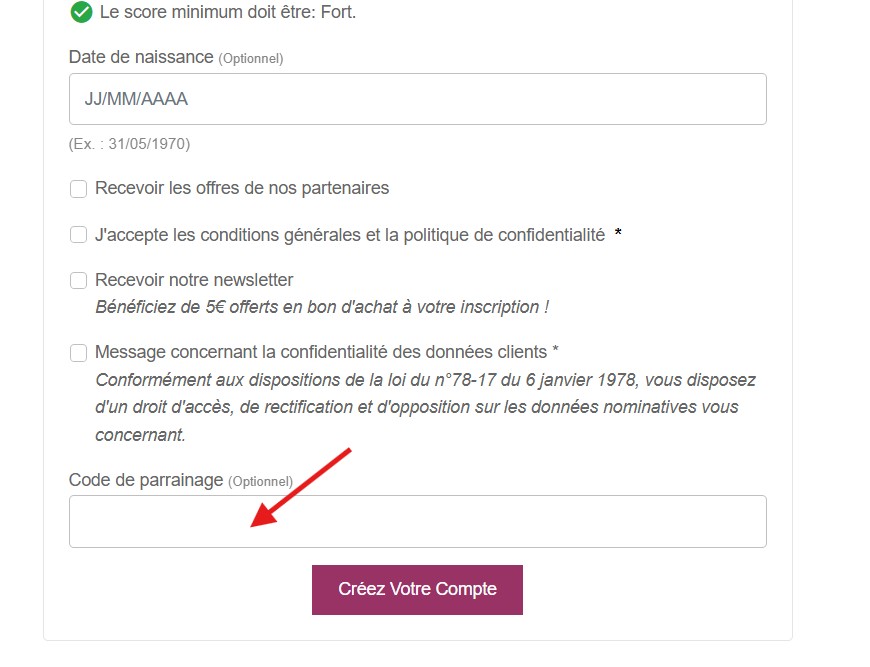création de compte code parrainage